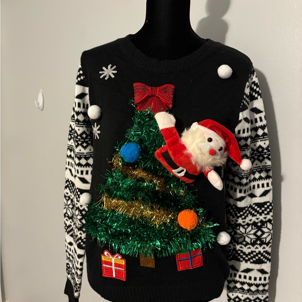 Festive Christmas Sweater with Santa and Tree